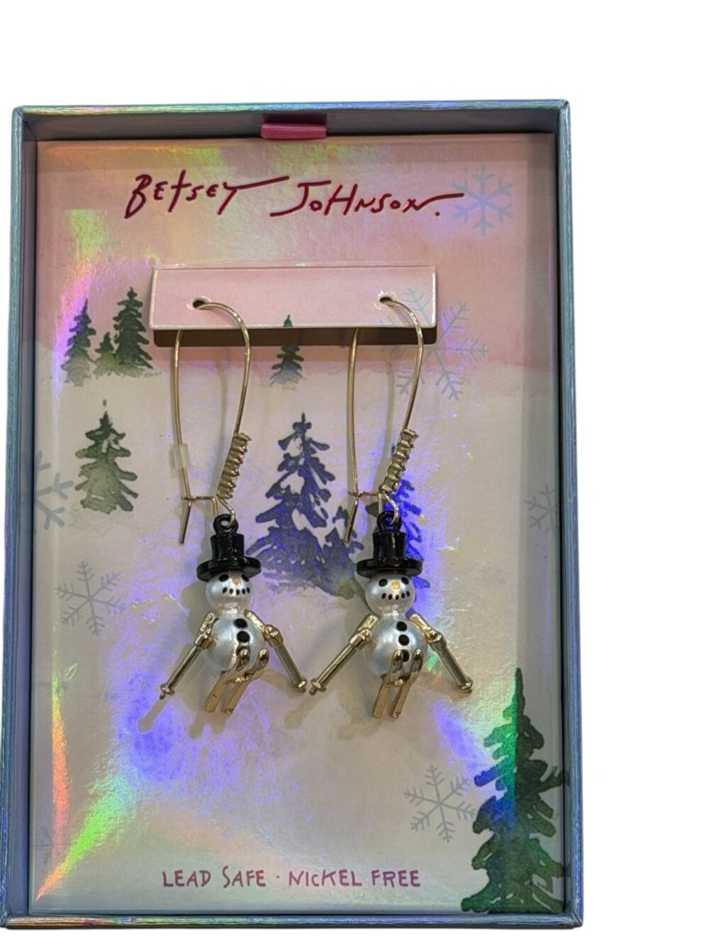BETSEY JOHNSON Christmas Snowman on Skis Holiday Dangle Drop Earrings New in Box